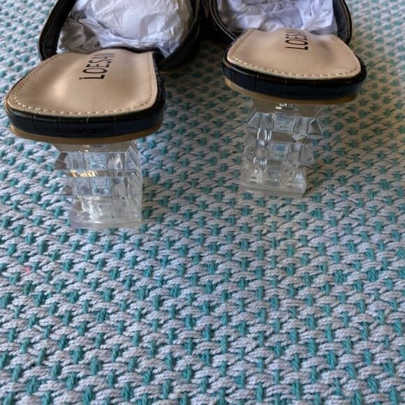 Square Heels Sandals Block Lucite Clear Chunky Heel Mules Peep Toe, Size EUR 37 - Picture 4 of 11